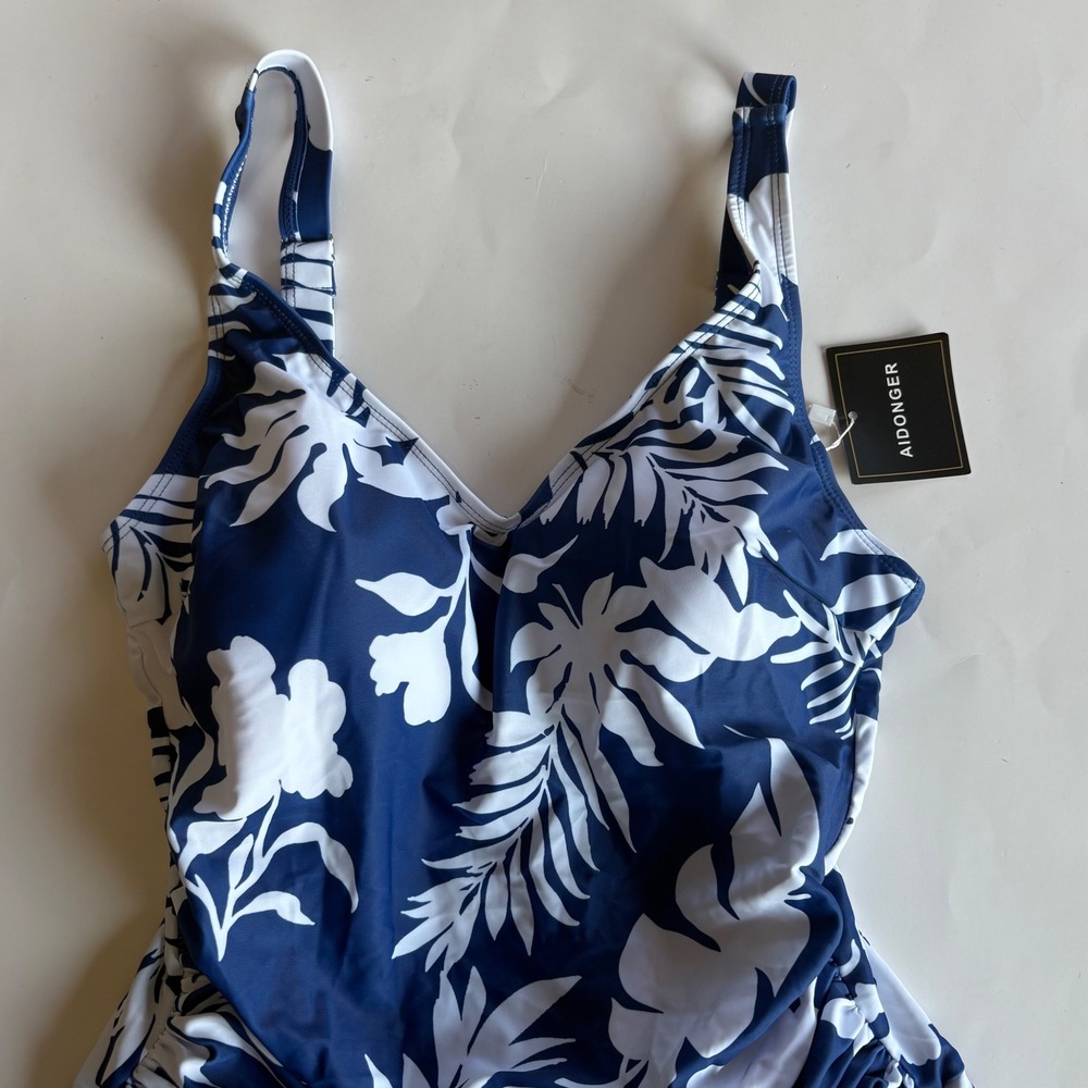Aidonger Womens Navy Blue Floral Swim Dress One Piece Swimsuit Medium NWT - Picture 3 of 10
